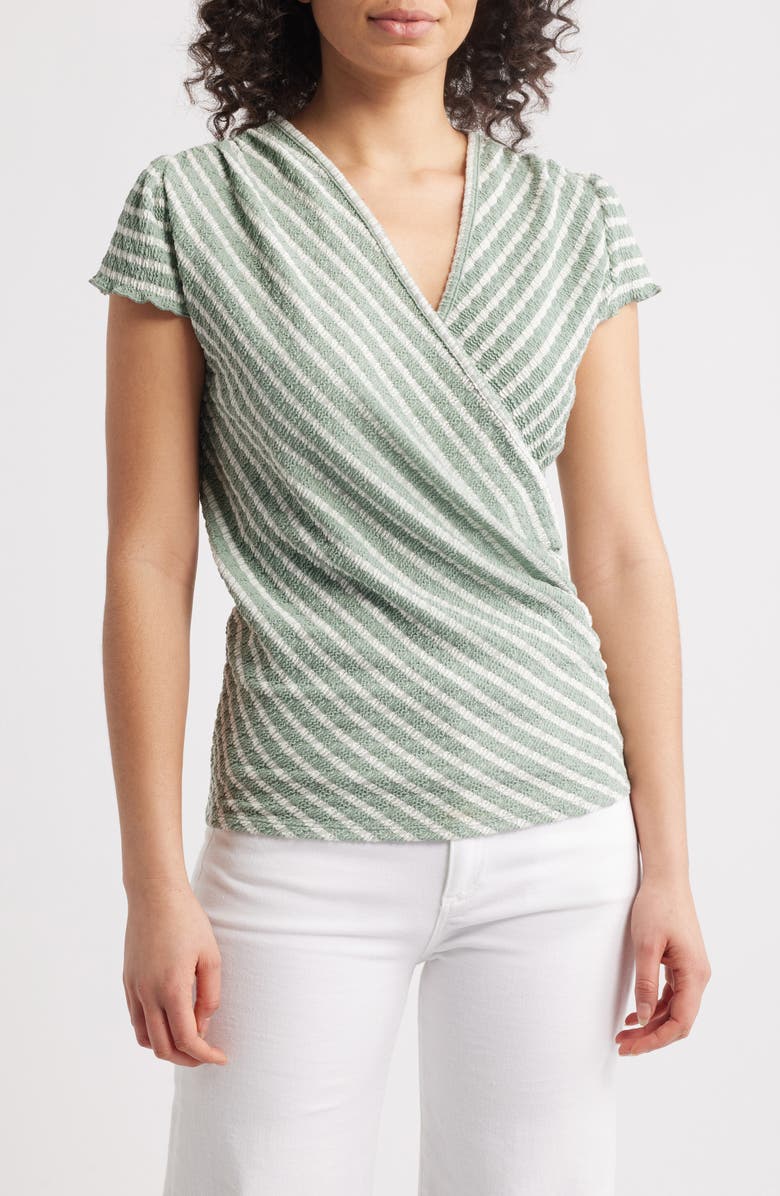 Loveappella Puckered Stripe Wrap Front Top, Main, color, Sage