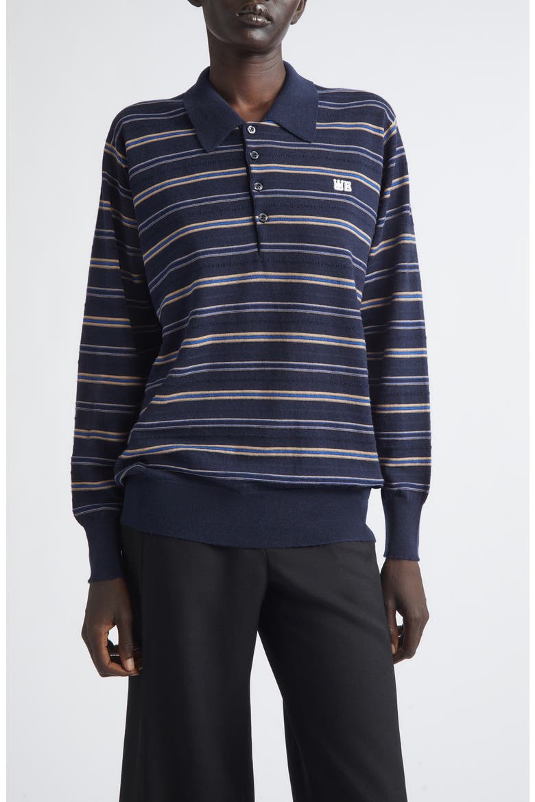 Beam Stripe Long Sleeve Merino Wool Polo, Main, color, CHAMBRAY BLUE/ NAVY/ ROOIBOS