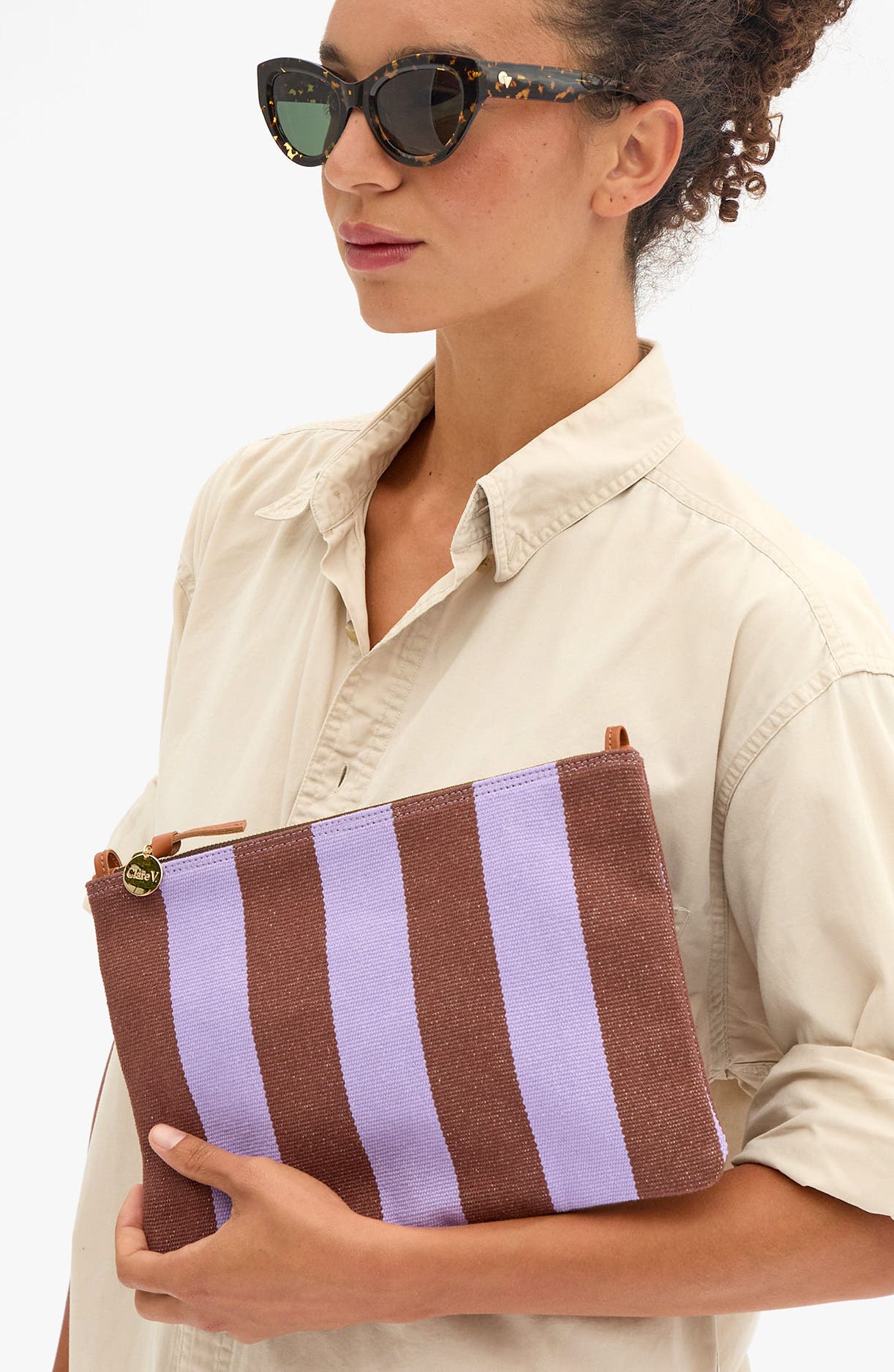 Flat Stripe Canvas Clutch, Alternate, color, JACARANDA/ HAZELNUT