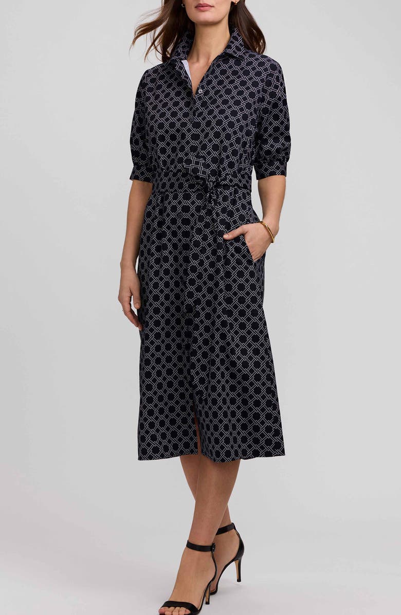 Foxcroft Esther Belted Geo Print Cotton Shirtdress, Main, color, Black/ White