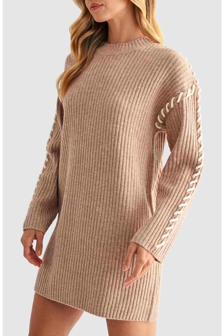 Contrast Whipstitch Long Sleeve Mini Sweater Dress, Alternate, color, MOCHA MOOSE