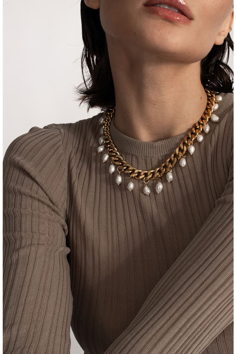 Freshwater Pearl Charm Curb Link Necklace, Alternate, color, WHITE/GOLD
