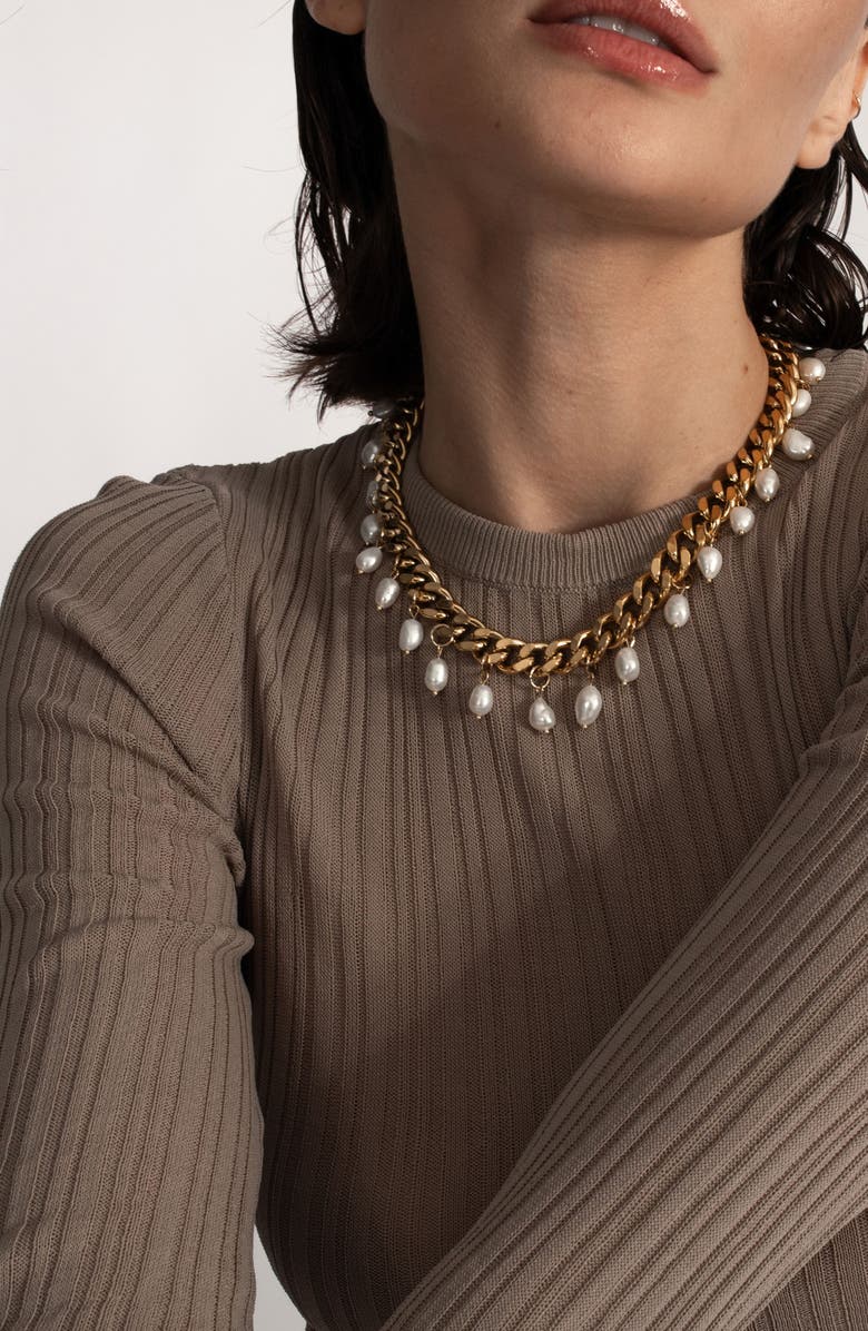 st. Moran Freshwater Pearl Charm Curb Link Necklace, Alternate, color, White/Gold