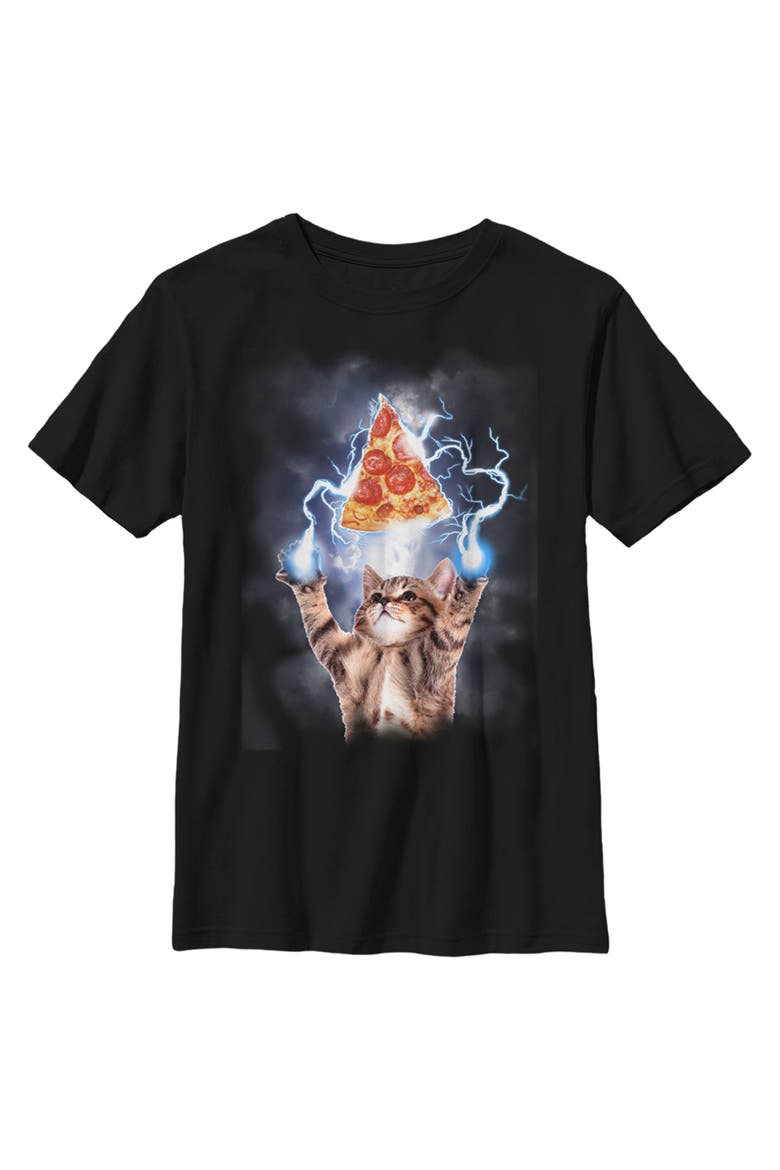 Boy's Lost Gods Cat Pizza Lightning Power  Graphic T-Shirt, Main, color, Black