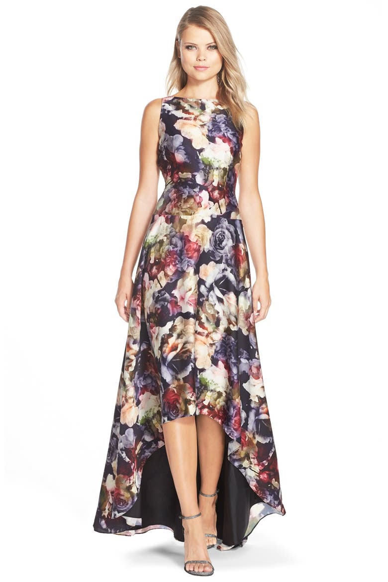 Floral Print Charmeuse Fit & Flare Gown, Main, color, RED MULTI