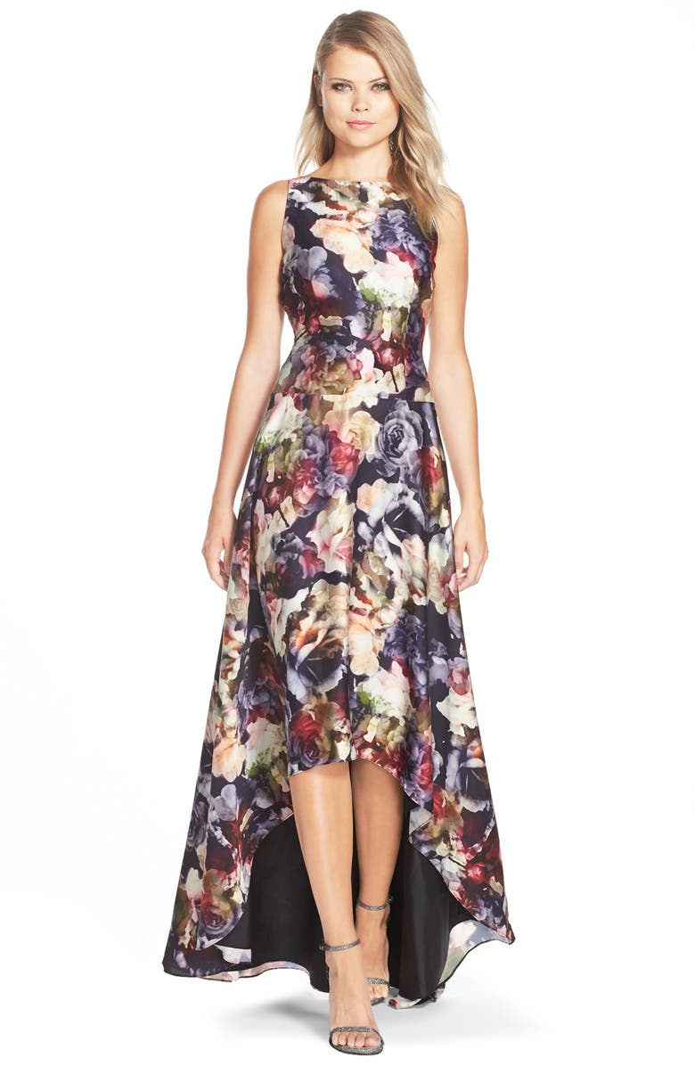 Adrianna Papell Floral Print Charmeuse Fit & Flare Gown, Main, color, 