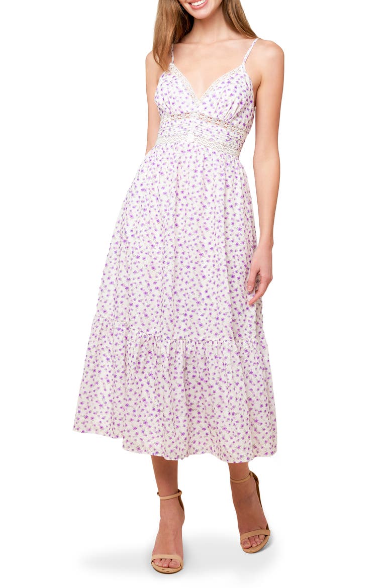 Floral Lace Trim Fit & Flare Midi Dress, Main, color, WHITE/ LAVENDER