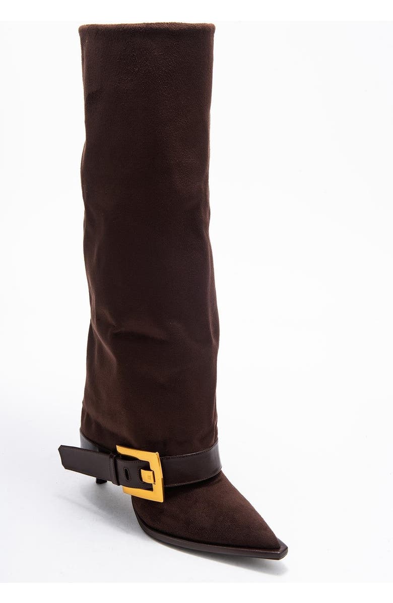 Prologue Shoes Elva Buckle Strap Knee High Boot, Main, color, Brown Suede Faux Leather