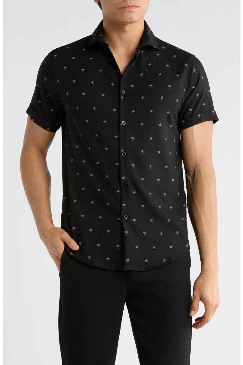 Palm Tree Short Sleeve Button-Up Shirt, Main, color, BLACK