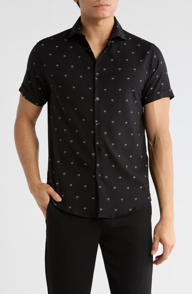 DENIM AND FLOWER Palm Tree Short Sleeve Button-Up Shirt, Main, color, Black