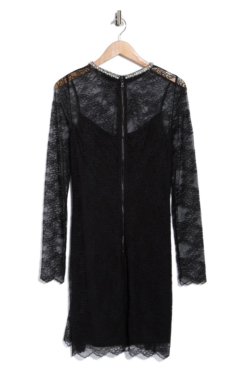 Alice + Olivia Delora Faux Pearl Embellished Long Sleeve Lace Dress, Alternate, color, Black