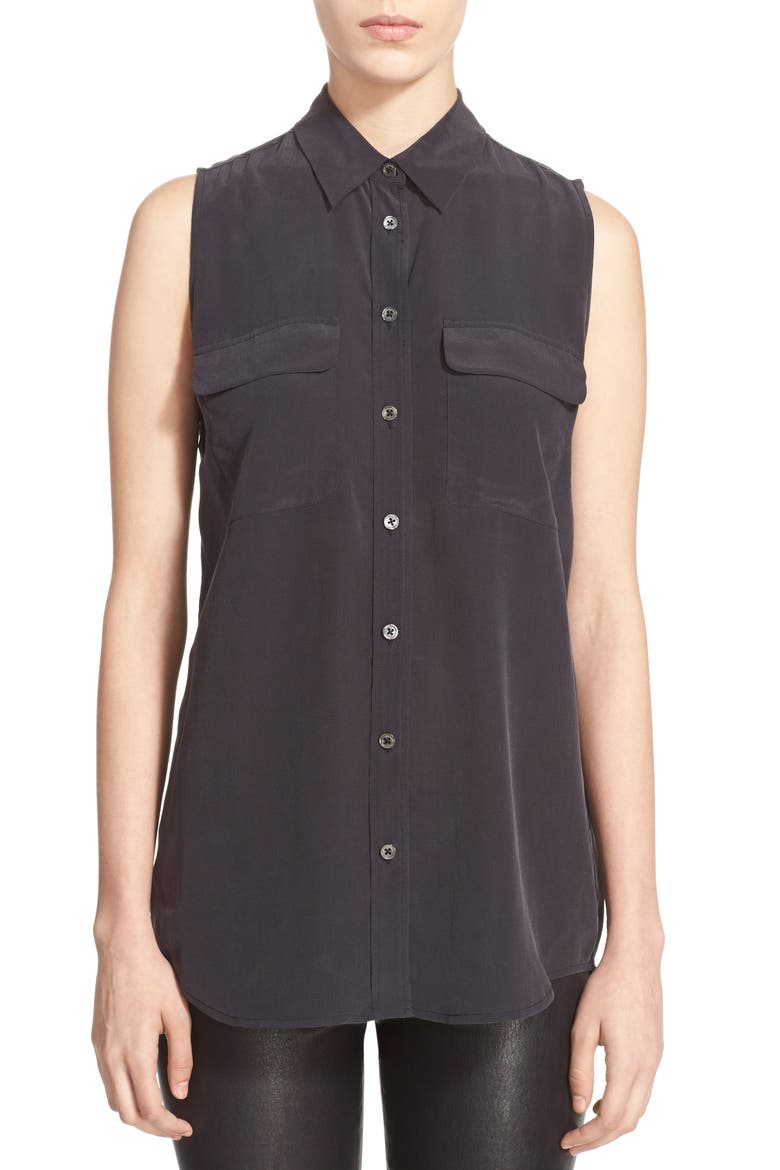 'Slim Signature' Sleeveless Silk Shirt, Main, color, TRUE BLACK