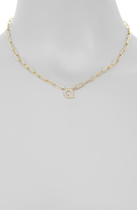 Diamond Initial Charm Paper Clip Chain Necklace