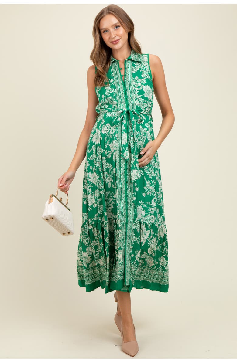 PinkBlush Floral Border Print Lapel Button Down Maxi Dress, Main, color, Green