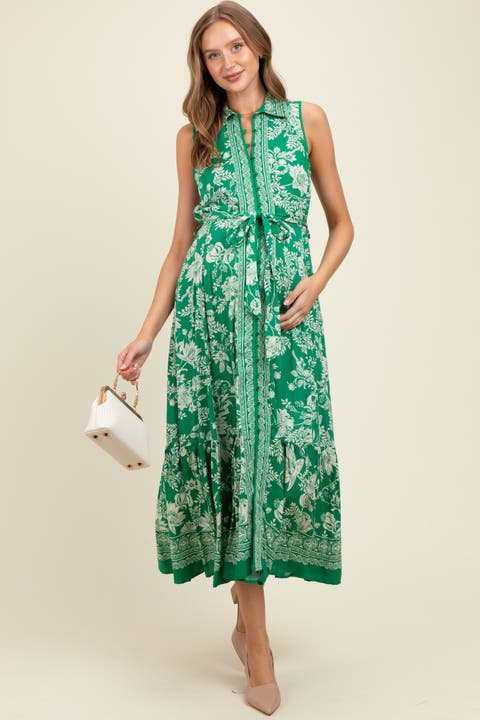 Floral Border Print Lapel Button Down Maxi Dress