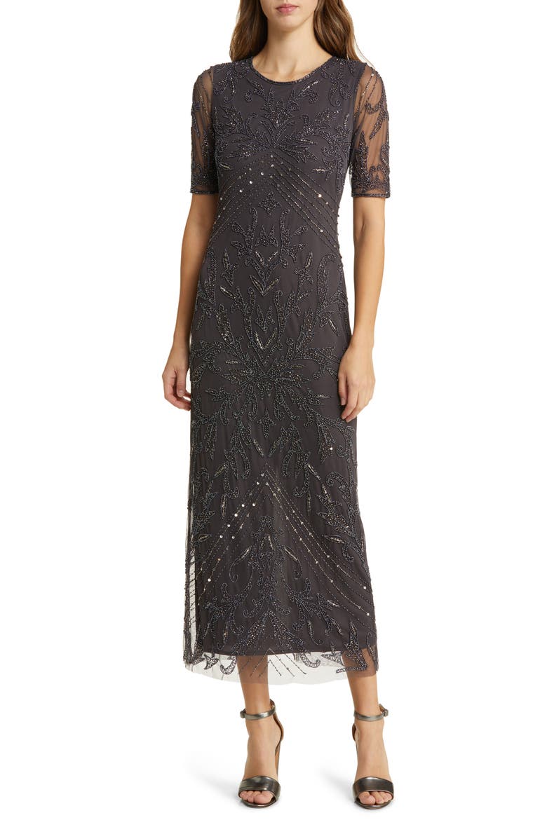 Beaded Tulle Column Gown, Main, color, SLATE