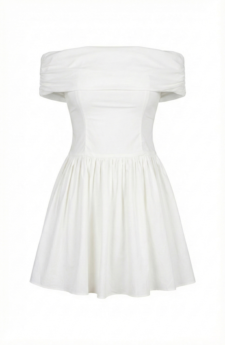 Modenaire Off-Shoulder Ruched Bodice Mini Dress with Flowy Skirt, Alternate, color, White