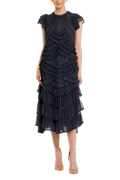 High Neck Ruffle Mesh Midi Dress