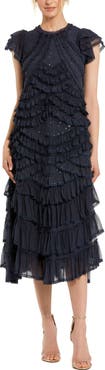 Mac Duggal High Neck Ruffle Mesh Midi Dress