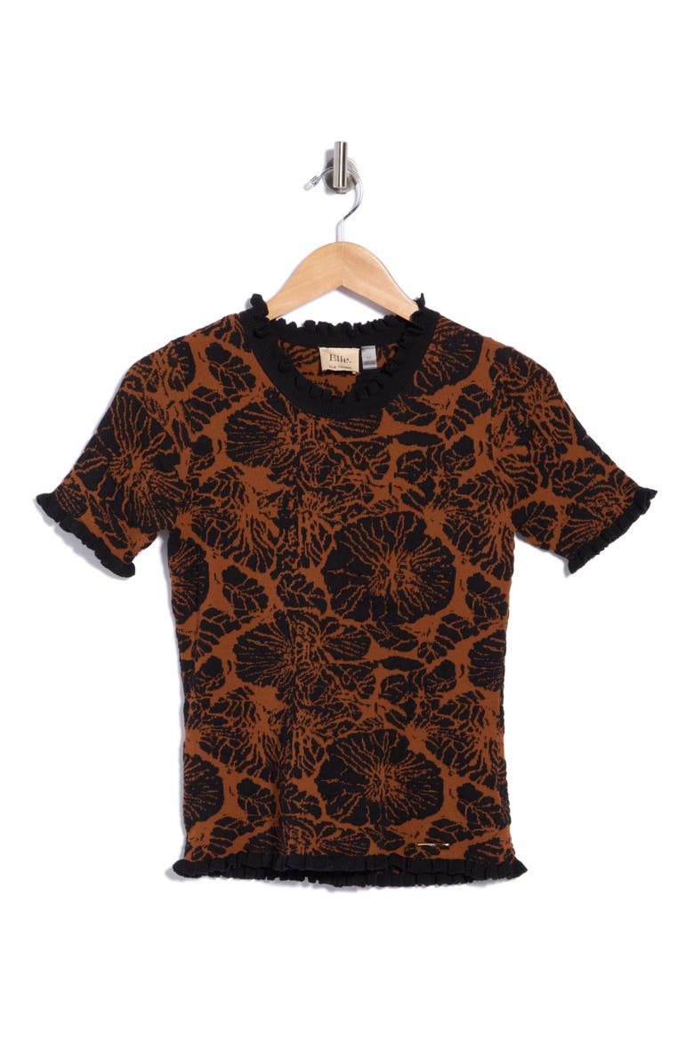 Floral Short Sleeve Jacquard Sweater, Main, color, DARK CAMEL/ BLACK FLORAL