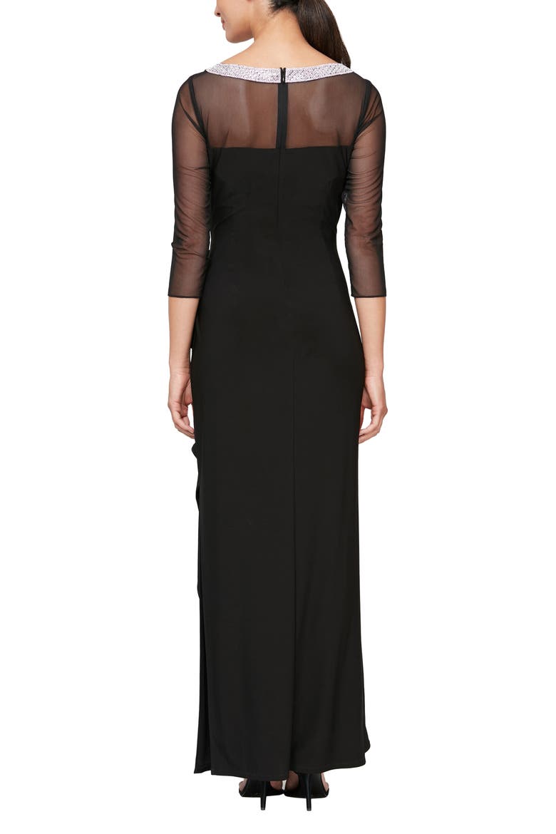 Illusion Sleeve Side Ruched Gown, Alternate, color, BLACK