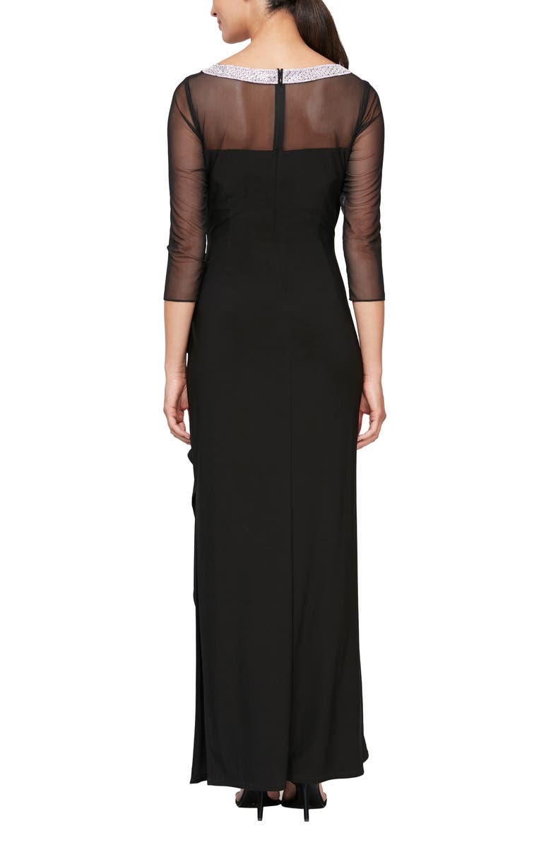 Alex Evenings Illusion Sleeve Side Ruched Gown, Alternate, color, Black