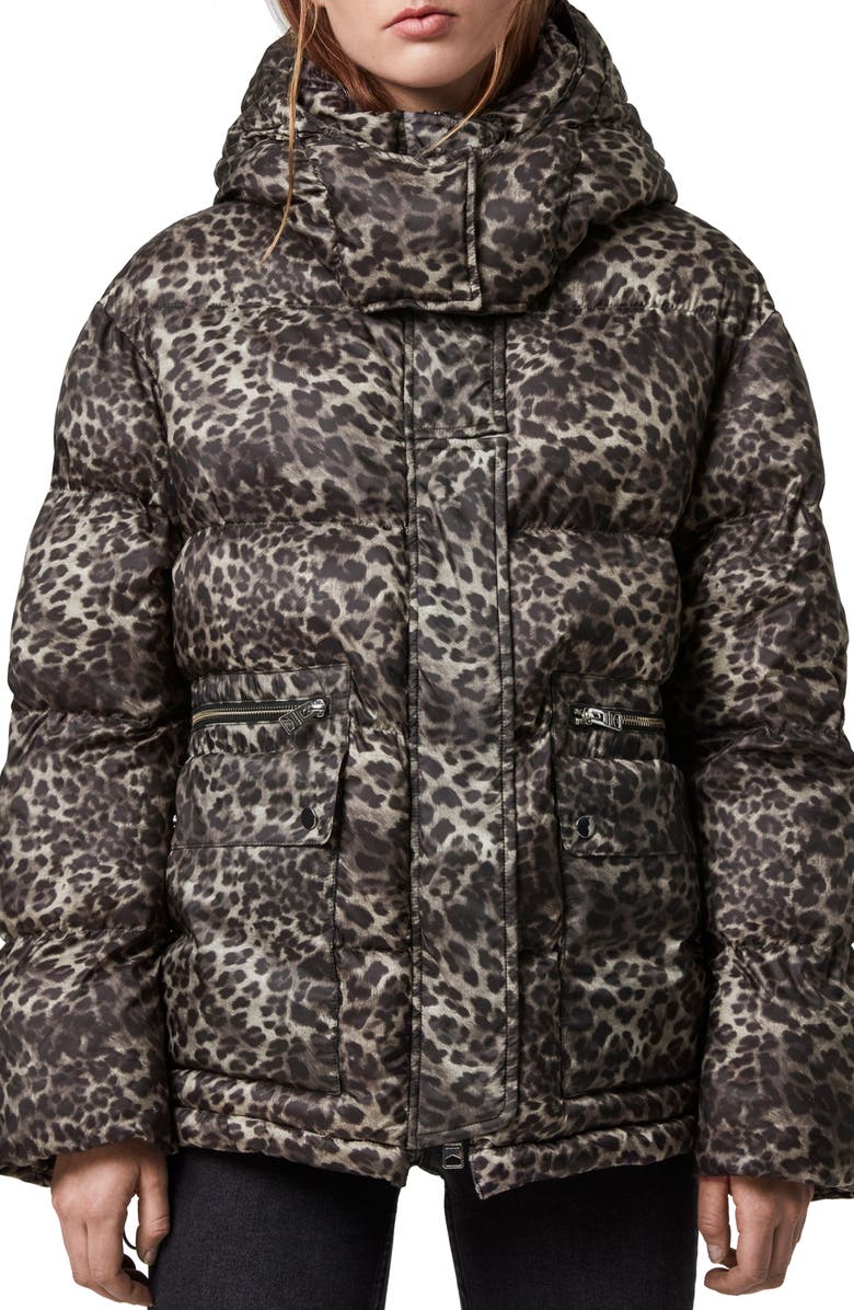 AllSaints Kala Leopard Puffer Coat, Main, color, 