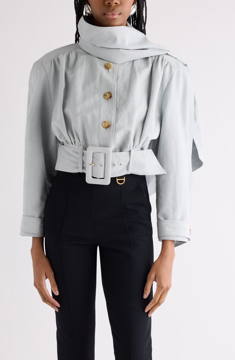 Chloé Crop Belted Linen & Cotton Jacket, Main, color, Storm Grey