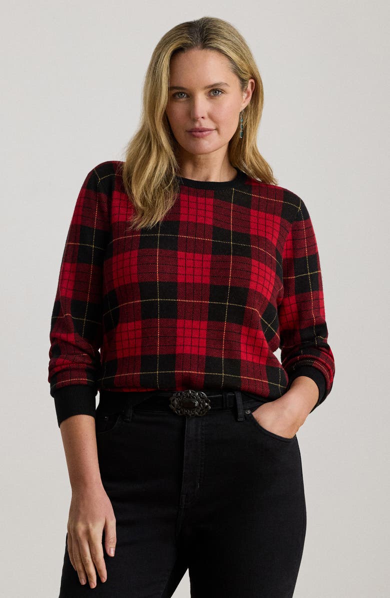 Lauren Ralph Lauren Plaid Crewneck Cotton Blend Sweater, Alternate, color, Black/ Red Multi