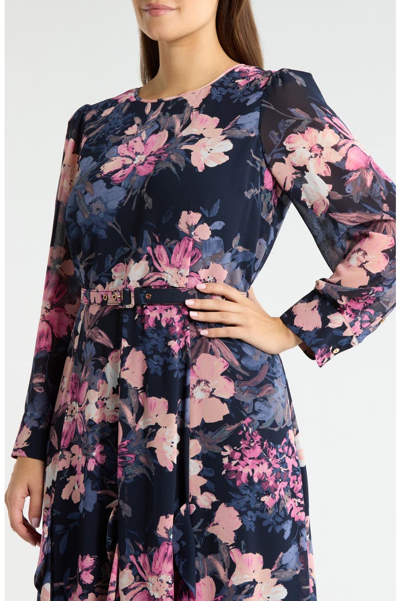 Floral Belted Long Sleeve Dress, Alternate, color, NAVY PERI ROSE