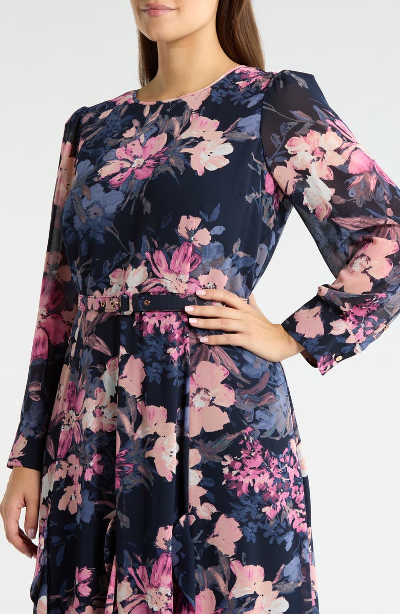 Tahari ASL Floral Belted Long Sleeve Dress, Alternate, color, Navy Peri Rose