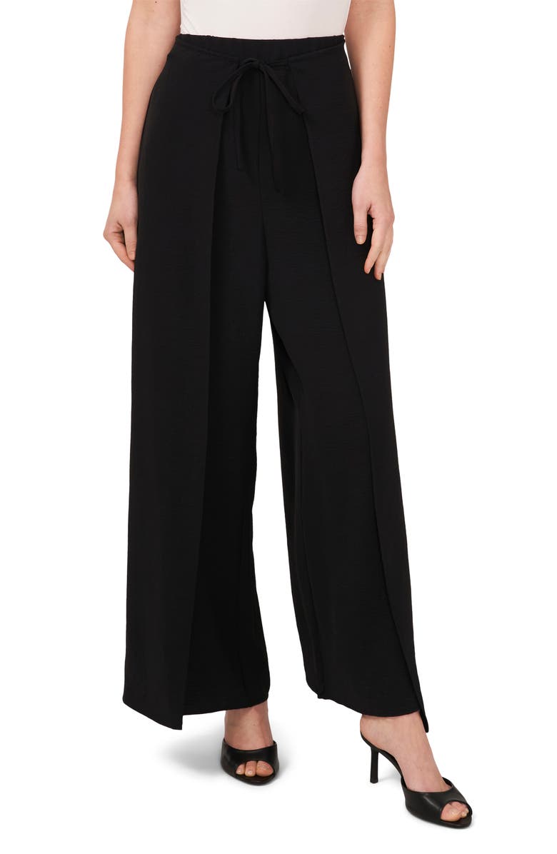 CeCe Tie Front Overlay Wide Leg Pants, Main, color, Rich Black