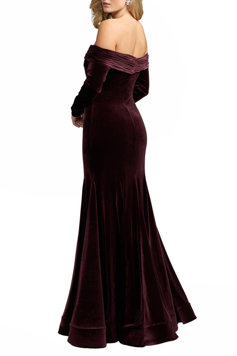 Velvet Off The Shoulder Long Sleeve Mermaid Gown, Alternate, color, Wine