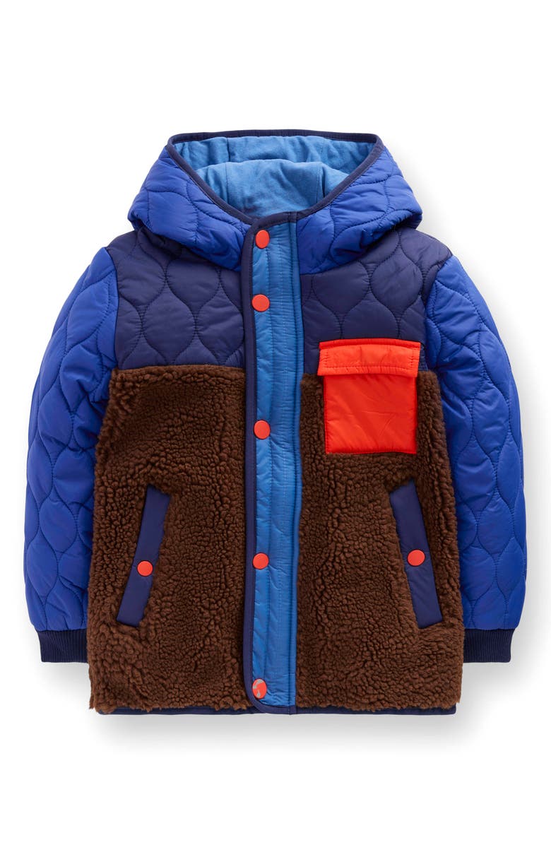 Mini Boden Kids' Colorblock Mixed Media Hooded Jacket, Main, color, Dark Colourblock