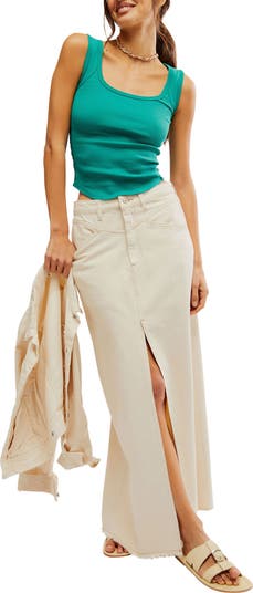 Come as You Are Frayed Hem Denim Maxi Skirt
