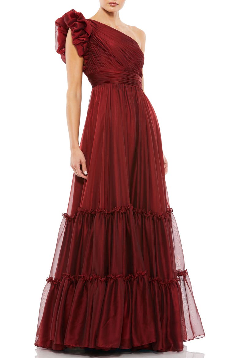 Organza One-Shoulder Pleated Ruffle Gown, Main, color, Wine