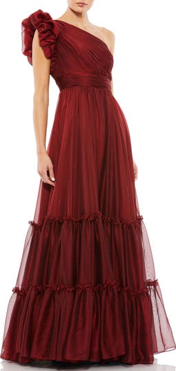 Organza One-Shoulder Pleated Ruffle Gown