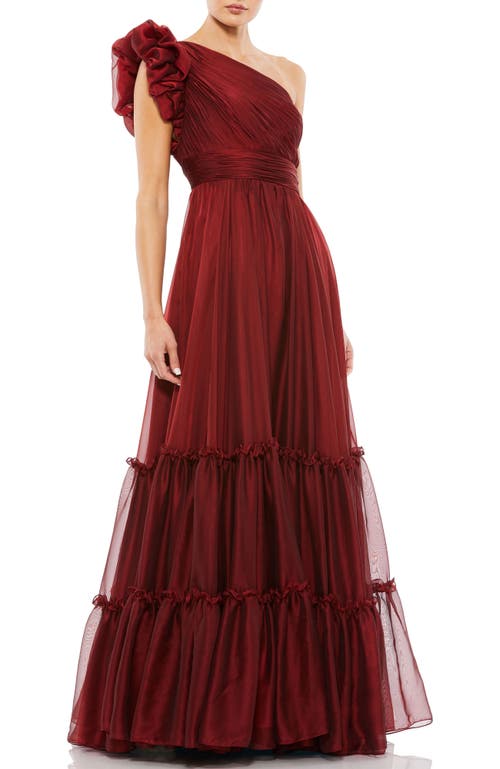 Mac Duggal Organza One-shoulder Pleated Ruffle Gown In Burgundy