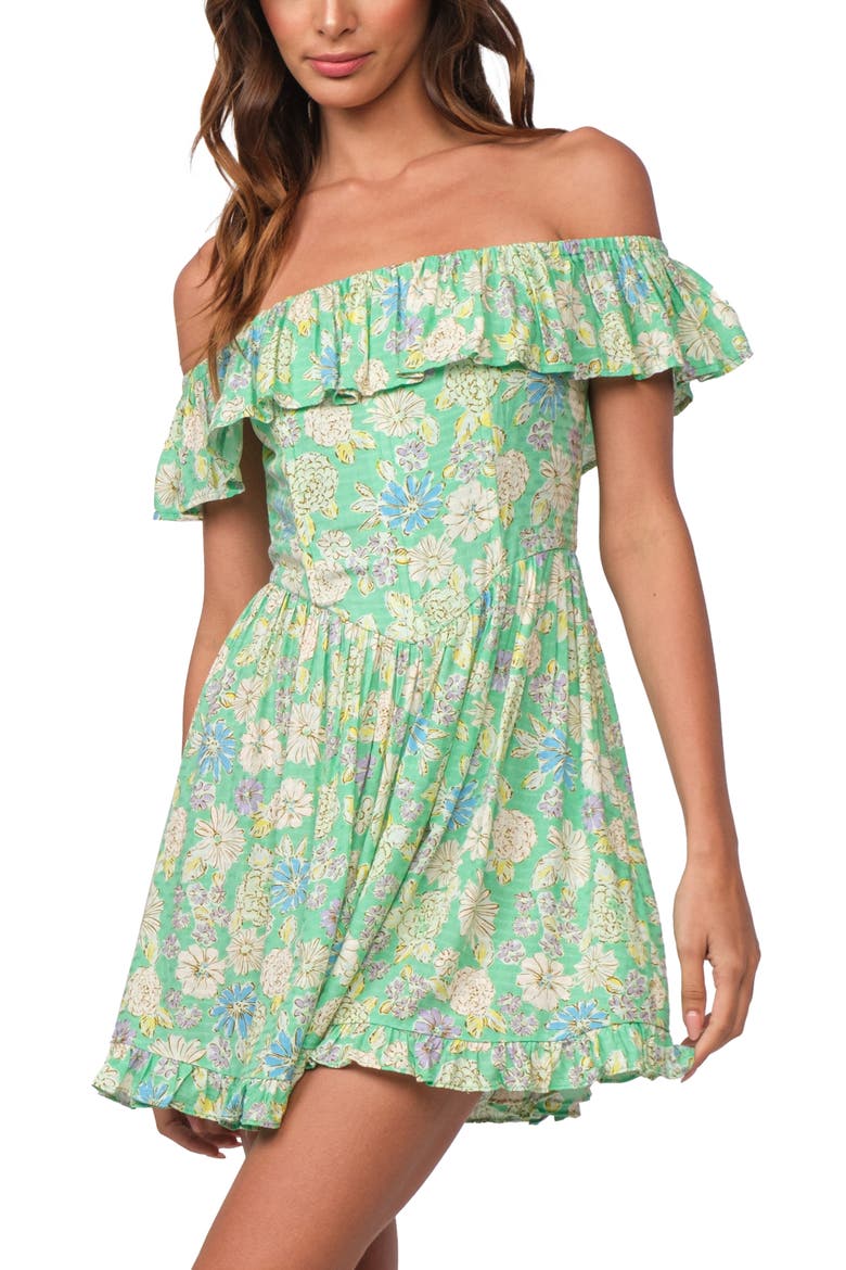 Floral Ruffle Off the Shoulder Minidress, Alternate, color, LIGHT GREEN