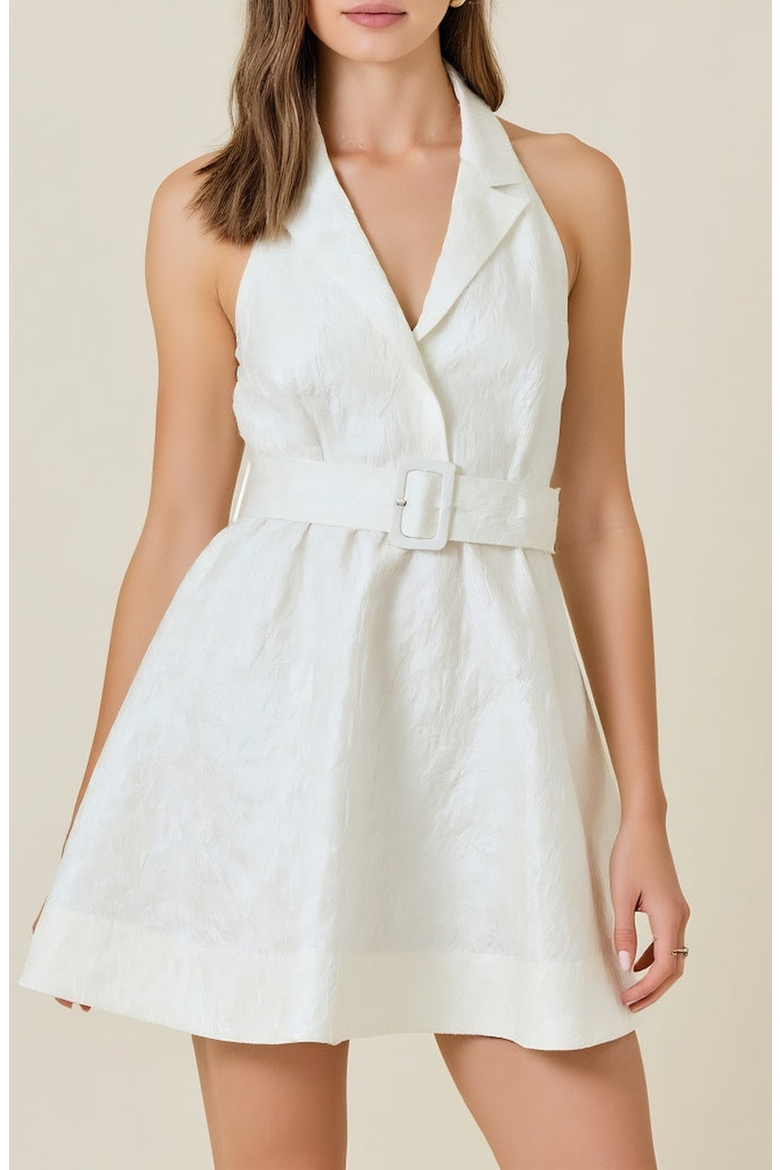 Halter Blazer Mini Dress with Belted Waist and Tailored Fit, Main, color, White