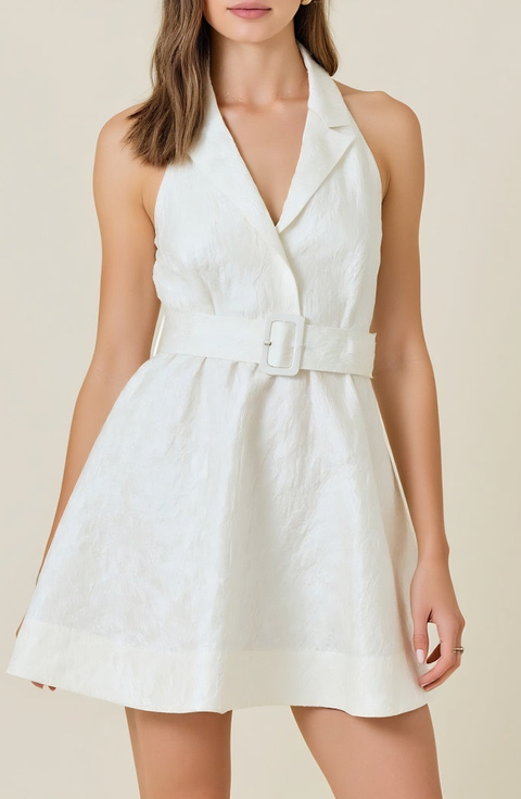 Halter Blazer Mini Dress with Belted Waist and Tailored Fit