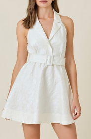 Modenaire Halter Blazer Mini Dress with Belted Waist and Tailored Fit