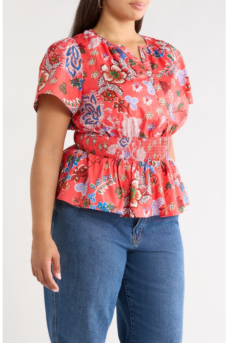 Amania Floral Sarina Smocked Top, Alternate, color, CORAL-BLUE