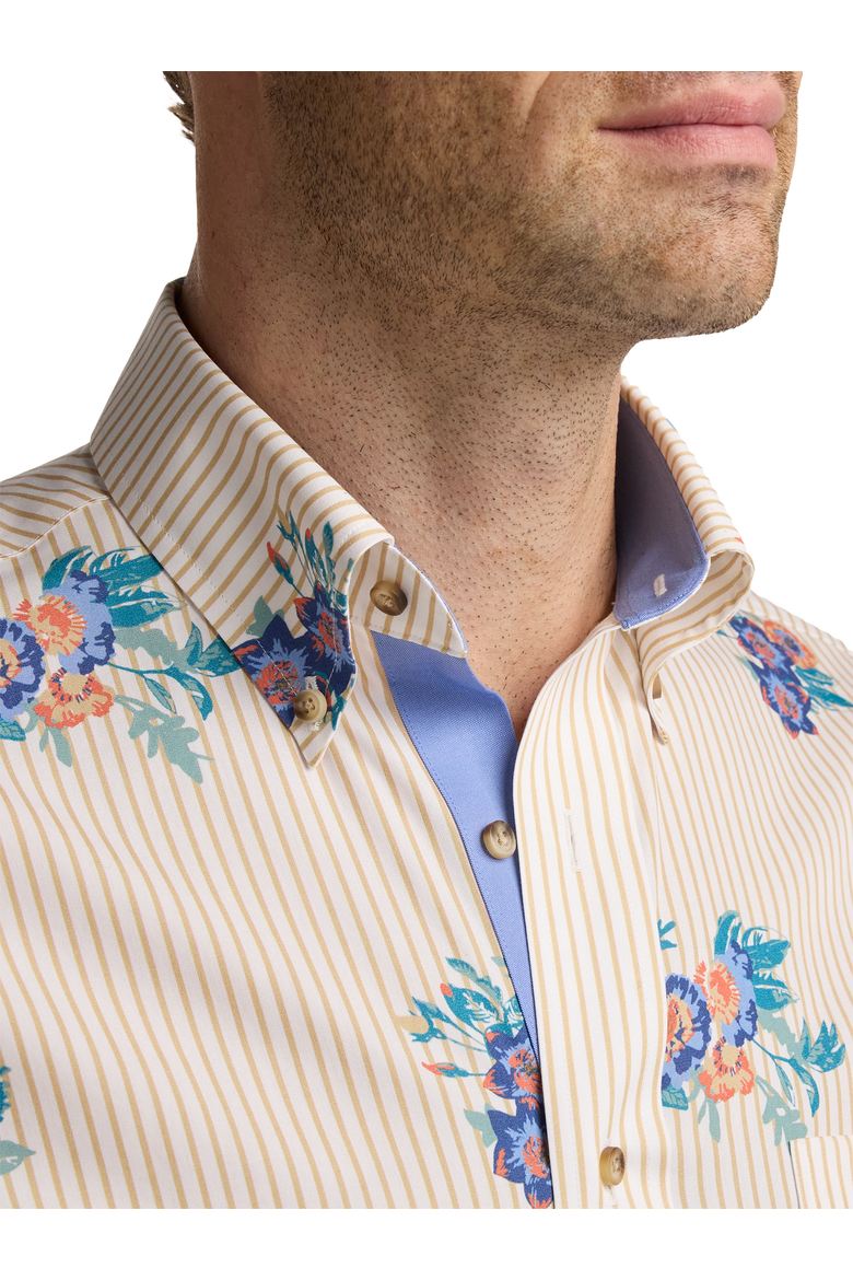 Cotton Buttondown Collar Poplin Classic Contrast Trim Hemmed Sleeve Short Sleeve Shirt, Alternate, color, Tan Multi
