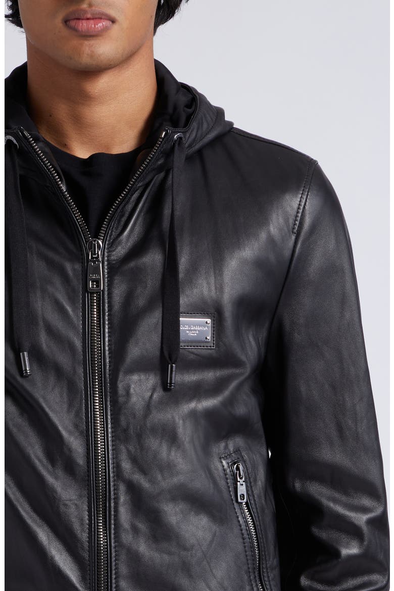 Logo Plaque Leather Hooded Blouson Jacket, Alternate, color, BLACK