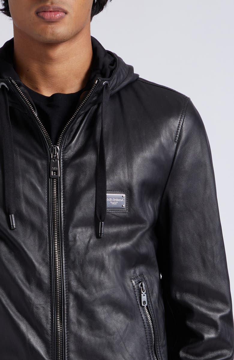 Dolce&Gabbana Logo Plaque Leather Hooded Blouson Jacket, Alternate, color, Black