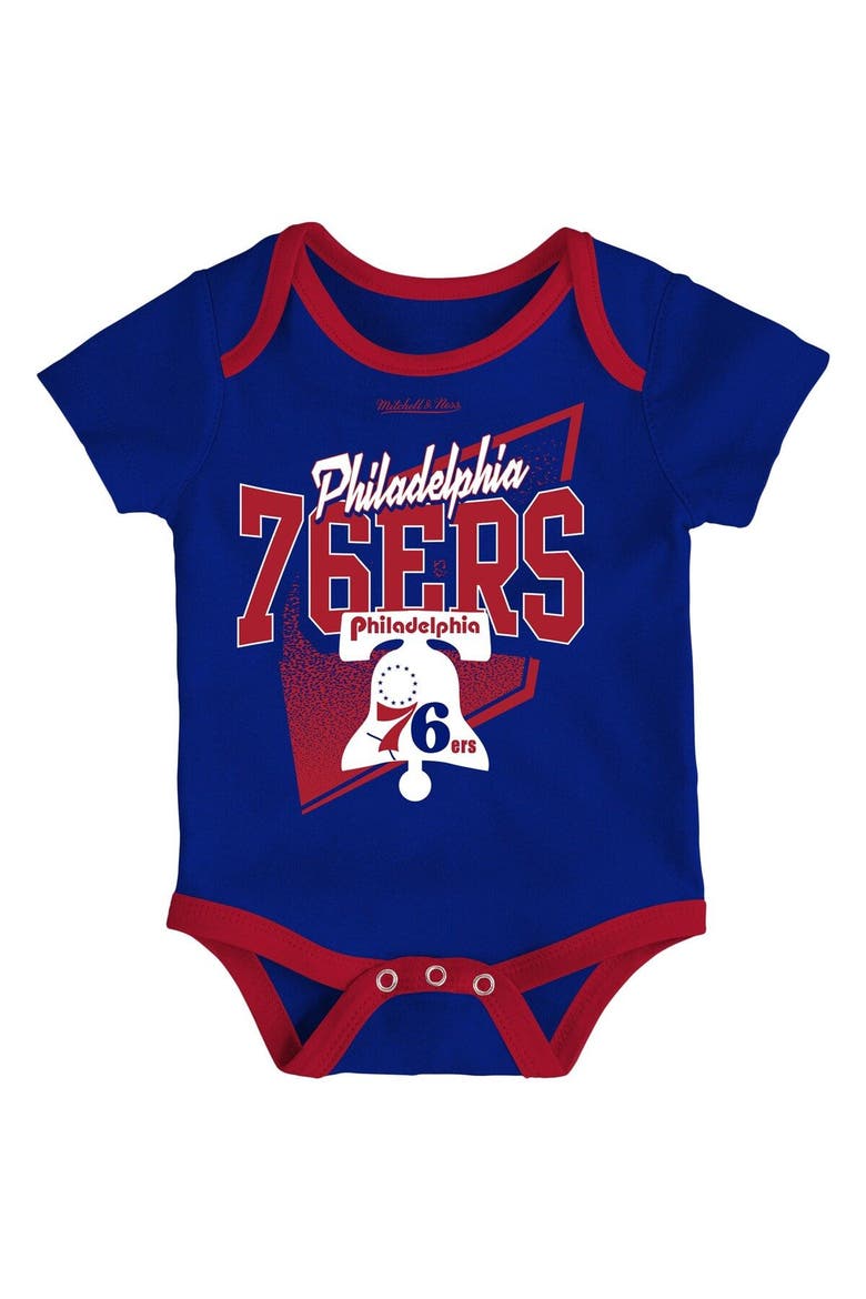 Infant Mitchell & Ness Royal/Red Philadelphia 76ers Hardwood Classics Bodysuits & Cuffed Knit Hat Set, Alternate, color, Royal