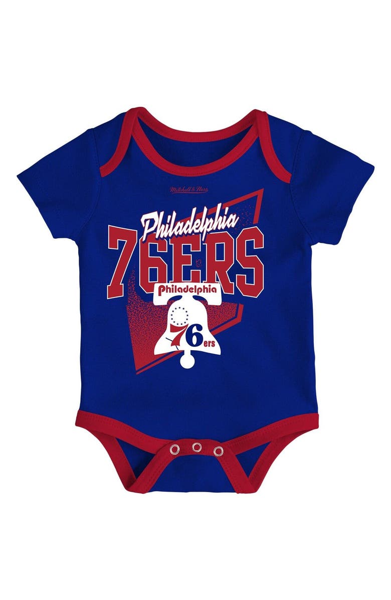 Mitchell & Ness Infant Mitchell & Ness Royal/Red Philadelphia 76ers Hardwood Classics Bodysuits & Cuffed Knit Hat Set, Alternate, color, Royal