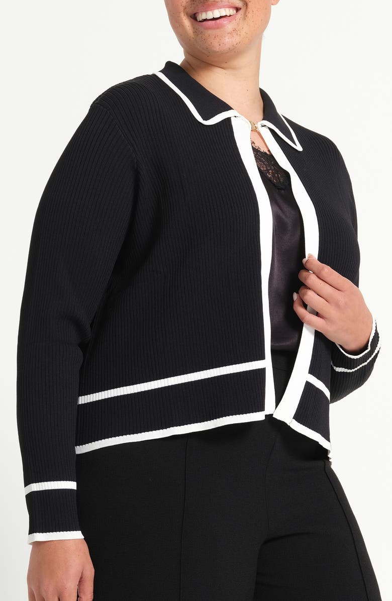 Estelle Gracie Contrast Trim Collared Cardigan, Alternate, color, Black/ White