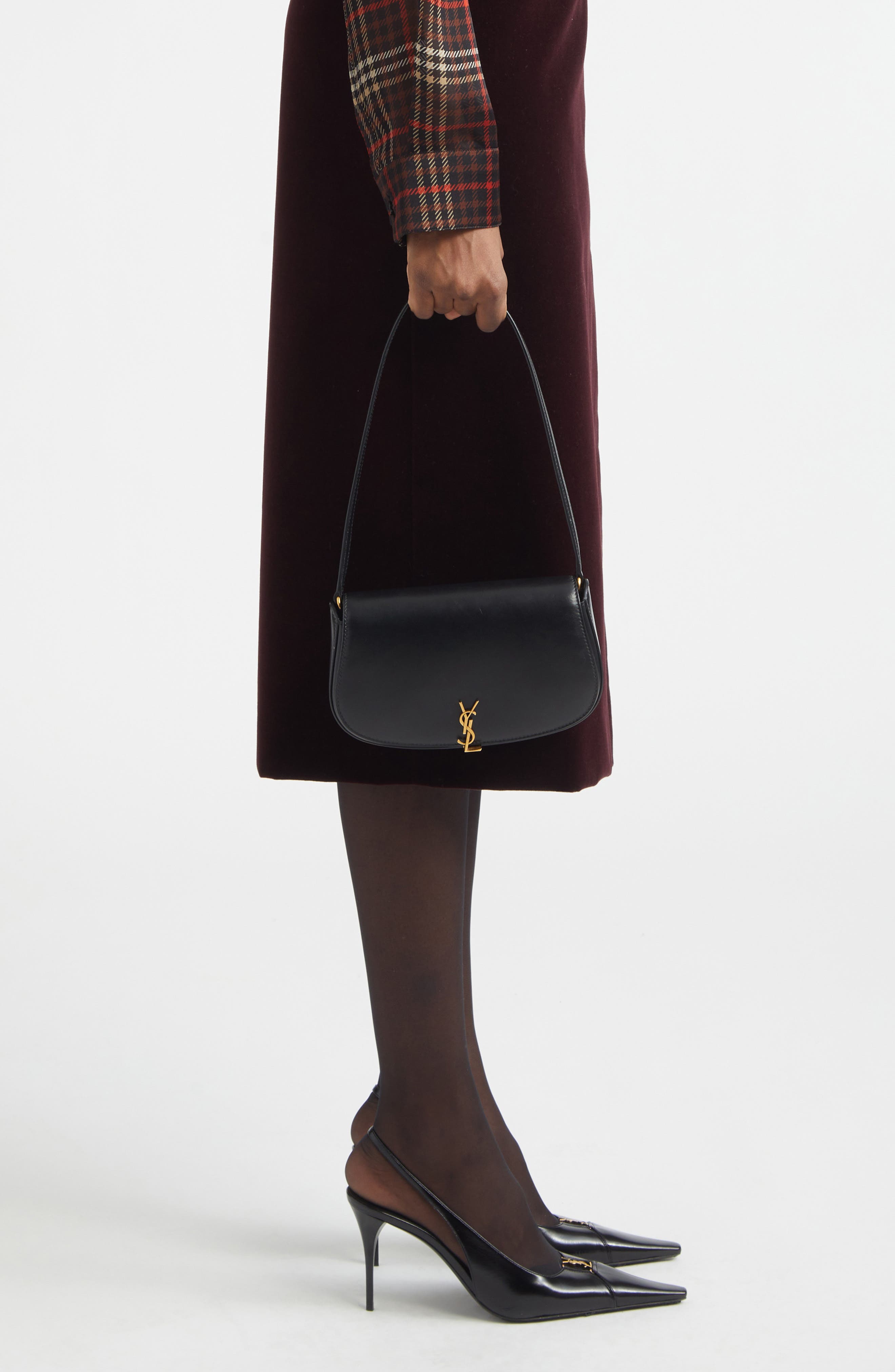 Saint Laurent Mini Cassandre Flap Leather Shoulder Bag, Alternate, color, Noir